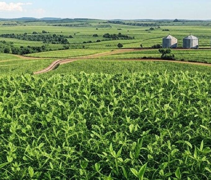 Paisagem de plantação de soja em Goiás, simbolizando o segundo maior crescimento econômico no Brasil em 2025.