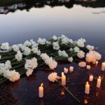 Memorial simbólico com flores e velas à beira do Lago dos Tigres em Britânia, Goiás, homenageando vítima de assassinato.